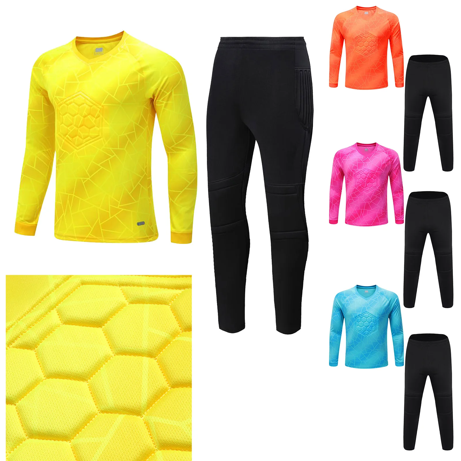 

New Boys Professional Goalkeeper Armor Uniforms Kids 2 Pcs Sports Suit Long Sleeve Geometric Printed T-shirt Tops with Pants Set