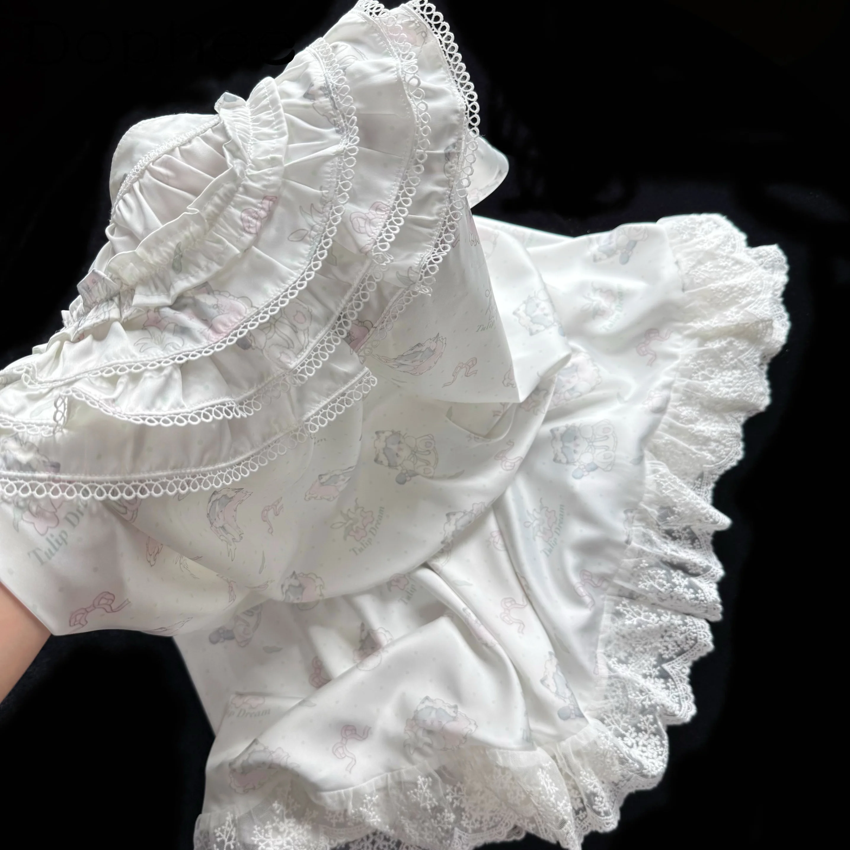 2025 summer new ice silk lace nightdress women's sweet girl cute pajamas cartoon print cool casual loose loungewear