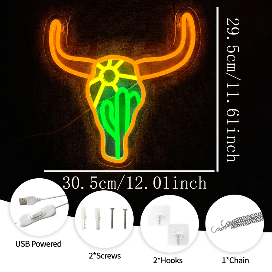 Bull Skull Cactus Sun USB Neon Sign Western Cowboy LED Wall Light Desert Style Decor for Bedroom Bar Man Cave Game Room，usb