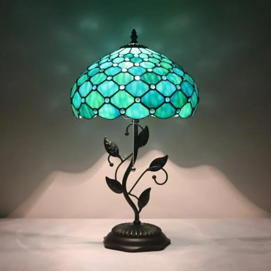 

Tiffany Lamp for reading, 12x12x19 inch, stained glass shade with metal leaf base, bronze finish, artisan-crafted light diffusi