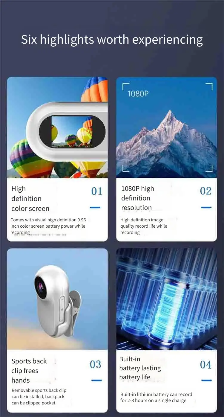 كاميرا رياضية بمشبك خلفي للدراجات النارية DVR HD ومسجل فيديو مع كاميرا عمل مغناطيسية بجيب الإبهام