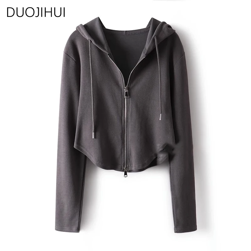 DUOJIHUI Light Grey Basic Hooded Chicly Drawstring Women Hoodies Spring Fashion Zipper Simple Solid Color Casual Female Hoodies