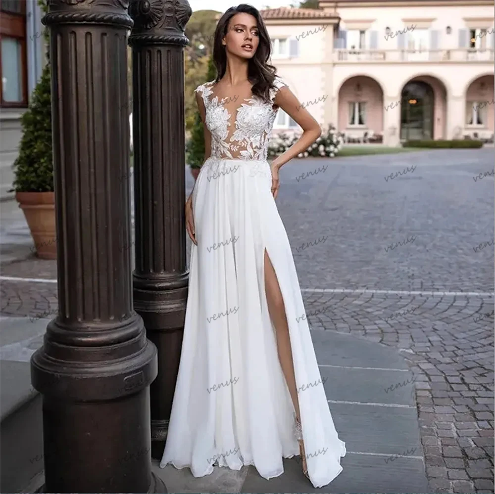 

A-Line O-Neck Wedding Dresses Simple Elegant Bridal Gowns Lace Appliques Illusion Back Sleeveless Robes 2024 Vestidos De Novia