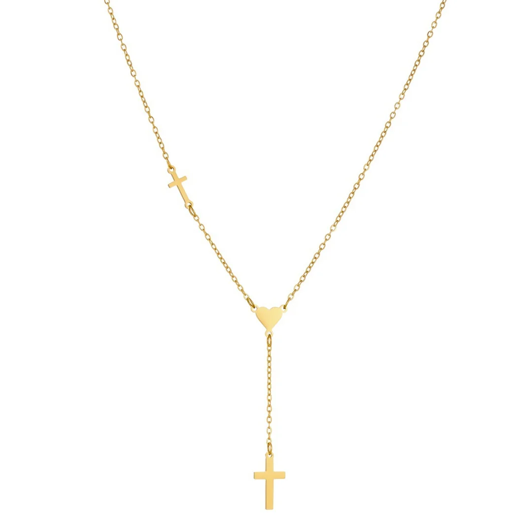 

Punk Fashion Double Cross Heart Charm Pendant Female Gold Color Stainless Steel Long Chain Link Necklace for Women Jewelry Gift