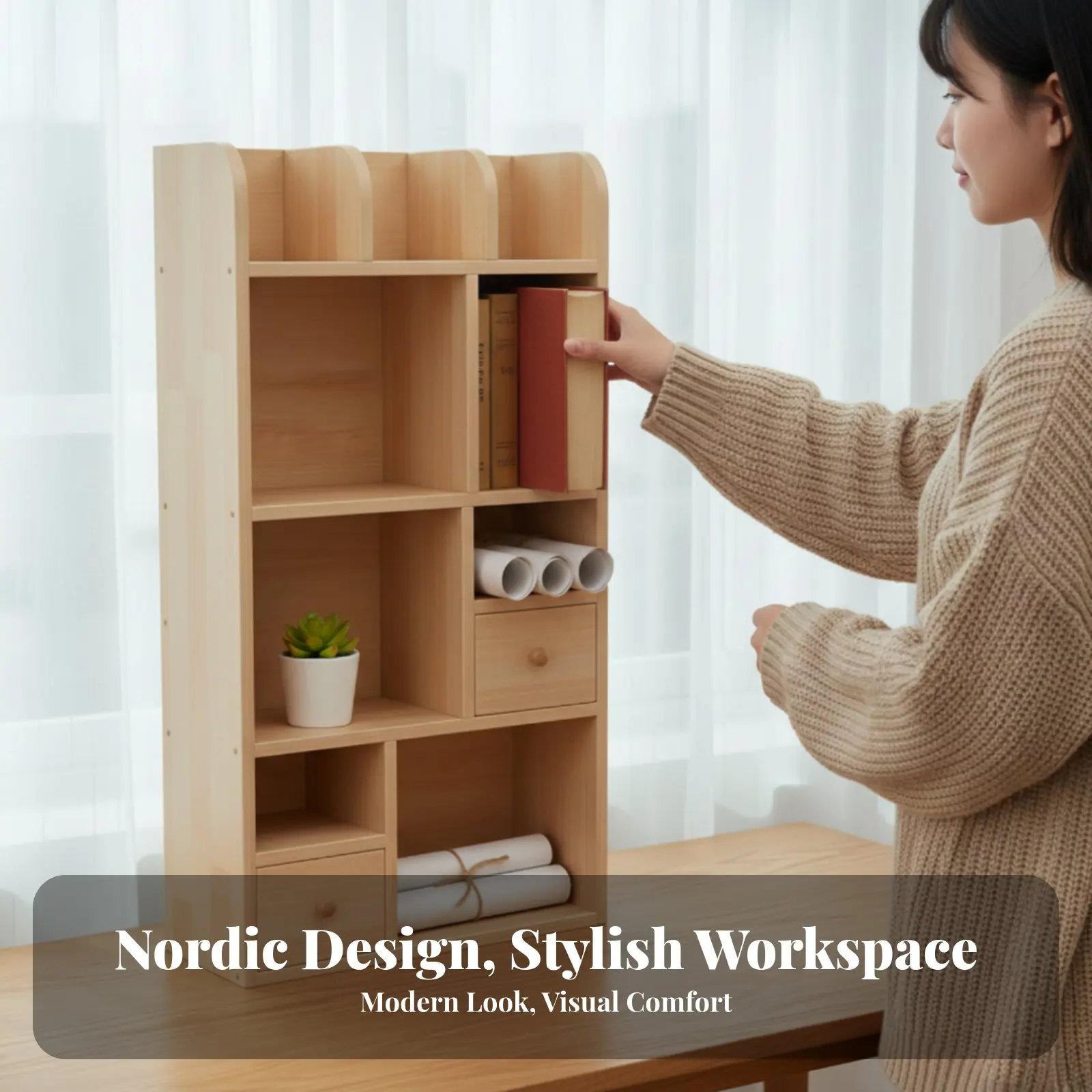 

desktop Storage Rack with Drawers Unpainted Finish Desktop Organizer Minimalist Design Large Capacity for Study Room, Workspace