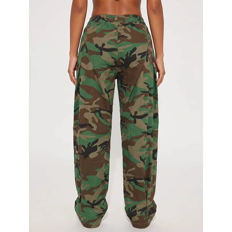 Benuynffy Plus Size Camouflage Print Pleated Baggy Pants Women Streetwear Retro Drawstring Elastic Waist Loose Wide Leg Trousers