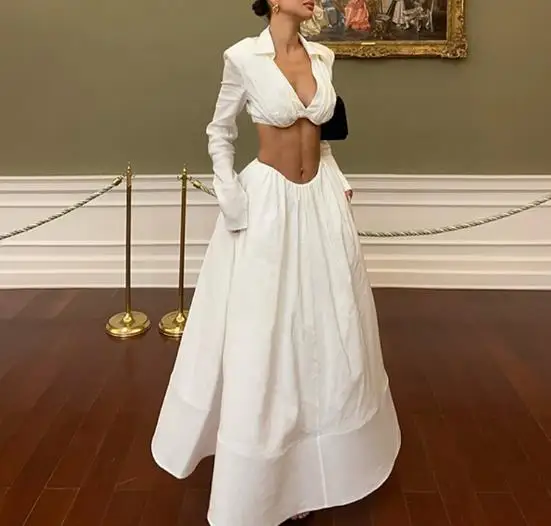 

Sexy Women's Long Skirt Set Summer New Fashionable and Personalized V-Neck Crop Top Shirt Large Skirt A-Line Long Skirt Set