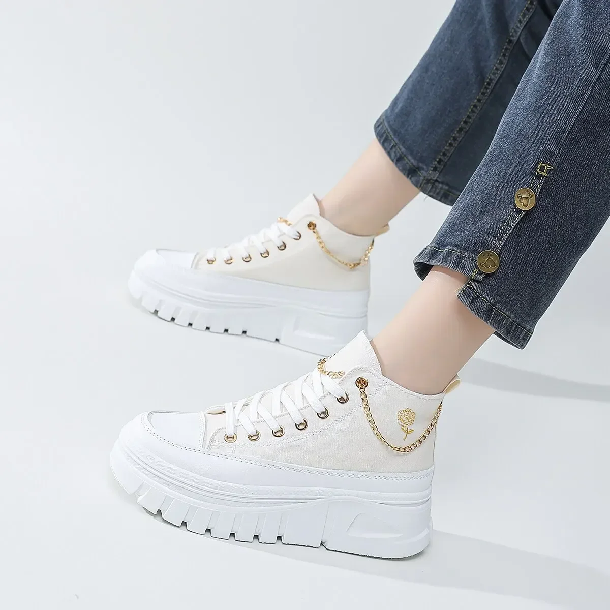 Fashion Casual Comfortable Height Increasing Sneakers RoseChain Women's Lace-Up Front High Top Flatform Canvas Shoes