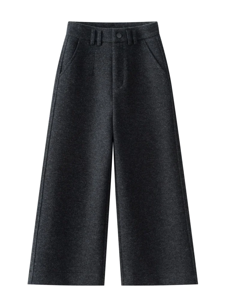 Cintura alta tweed calças de perna larga feminina outono inverno 2025 nova versão coreana sle corte reto casual nove pontos calças