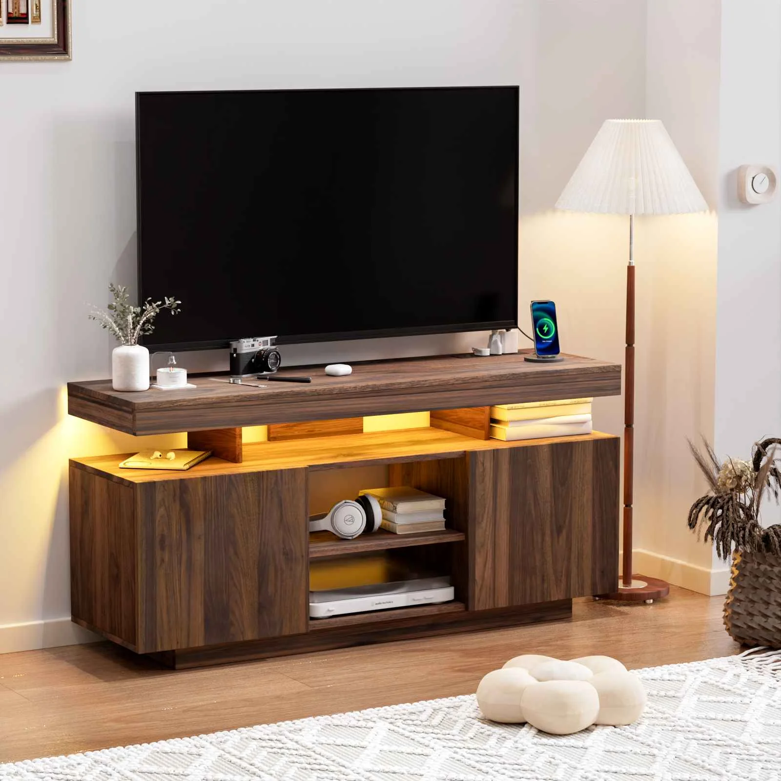 Modern Entertainment TV Stand with 120cm Wide Top and Stylish Cap LED Lights and Power Outlet