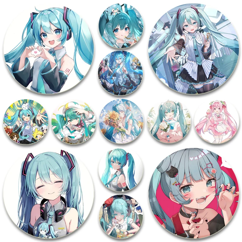 Project Miku Cute Cartoon Girl 32/44/58mm Simple Button Pin,Snap in Design Brooch,Daily Stylish Ornament Badge,Fans Collect Gift