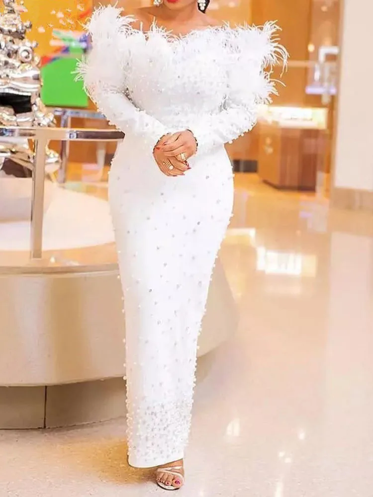 Plus Size Evening Gown Dress Women 2024 New Spring Elegant Slim Feather Neckline Beaded Skirt Lady Floor Length Party Dresses