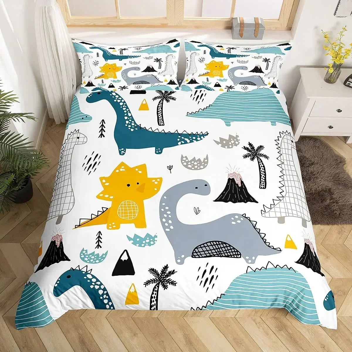 

Bedding Set Cute Cartoon Dinosaur Pattern Duvet Cover for Boys Children Lovely Animal World Bedroom Decor Geometry Stripe