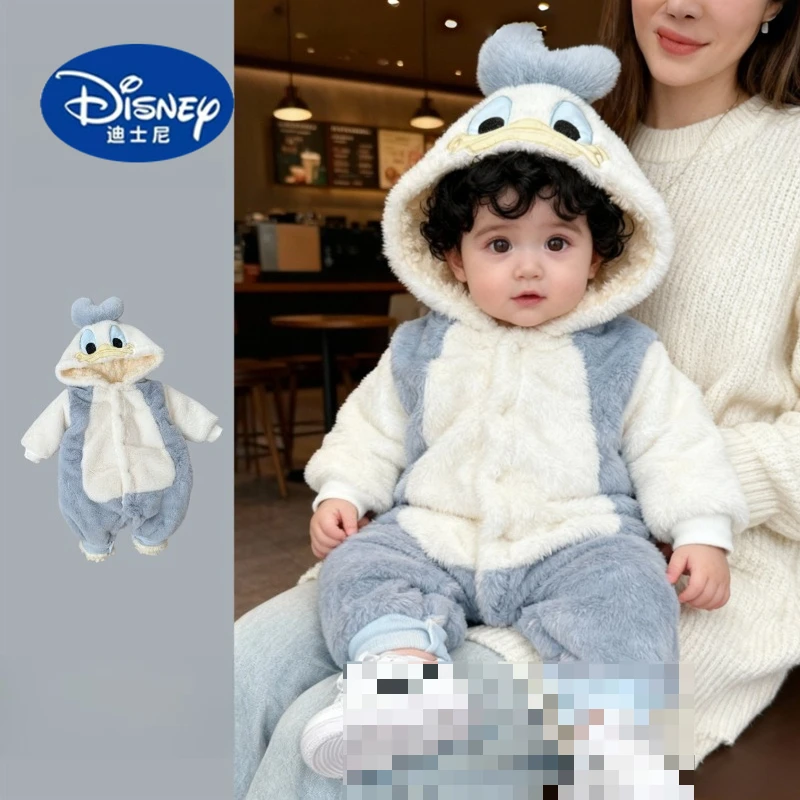 

Disney 2025 Fall/Winter New Fleece-Lined Hooded Romper, Warm Front-Opening Duck Cartoon Outdoor Bodysuit for Baby Boys & Girls