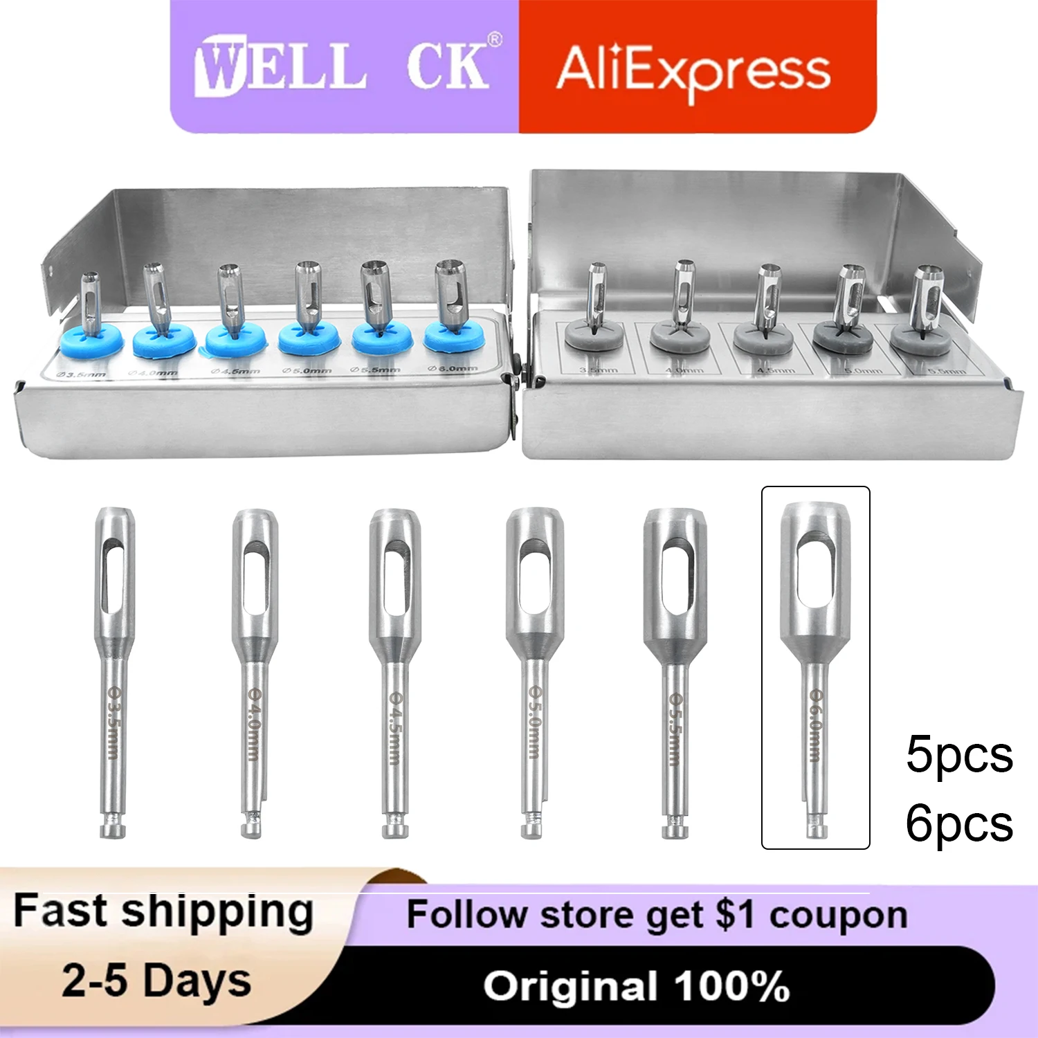 WELLCK 5pcs/Kit Dental Implant Trephine Bur Drill Tissue Punch Planting Tools Stainless Steel Positioning For Low Speed Machine