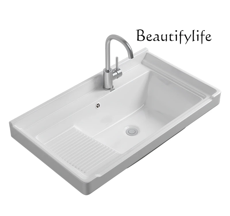 Balcony laundry basin, countertop semi-embedded single basin, integrated ceramic cabinet, washing basin