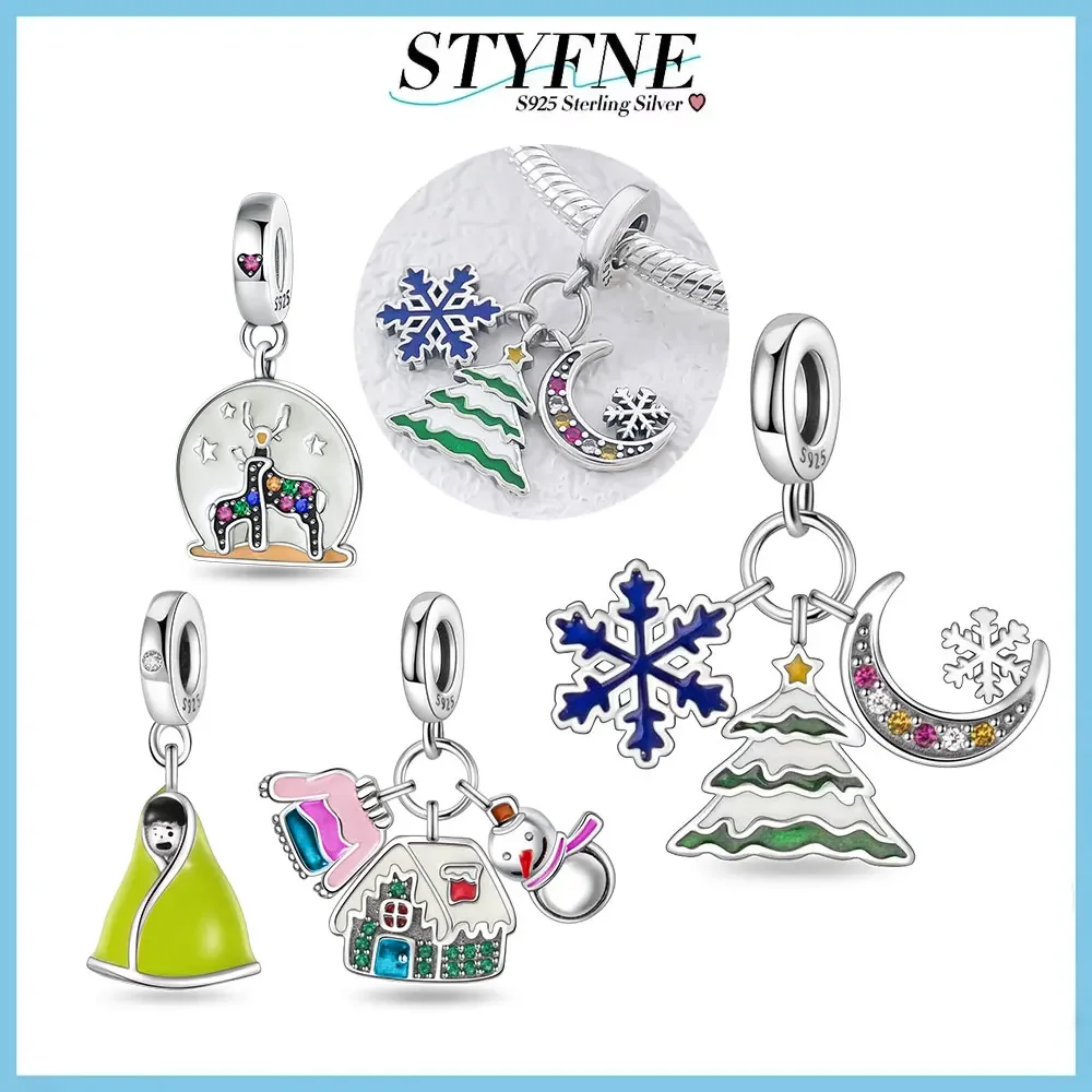 Sterling Silver 925 Winter Snowflake Candy House Beaded Charm Fit Original Bracelet Diy Jewelry Christmas Gift