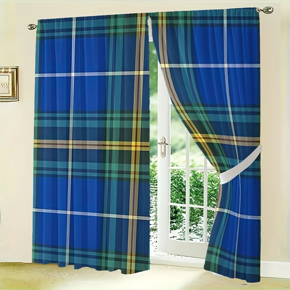 2PC Stylish Plaid Pattern Blue Green Check Curtain Drapes Set Window Treatment Panel for Living Room Bedroom Decor
