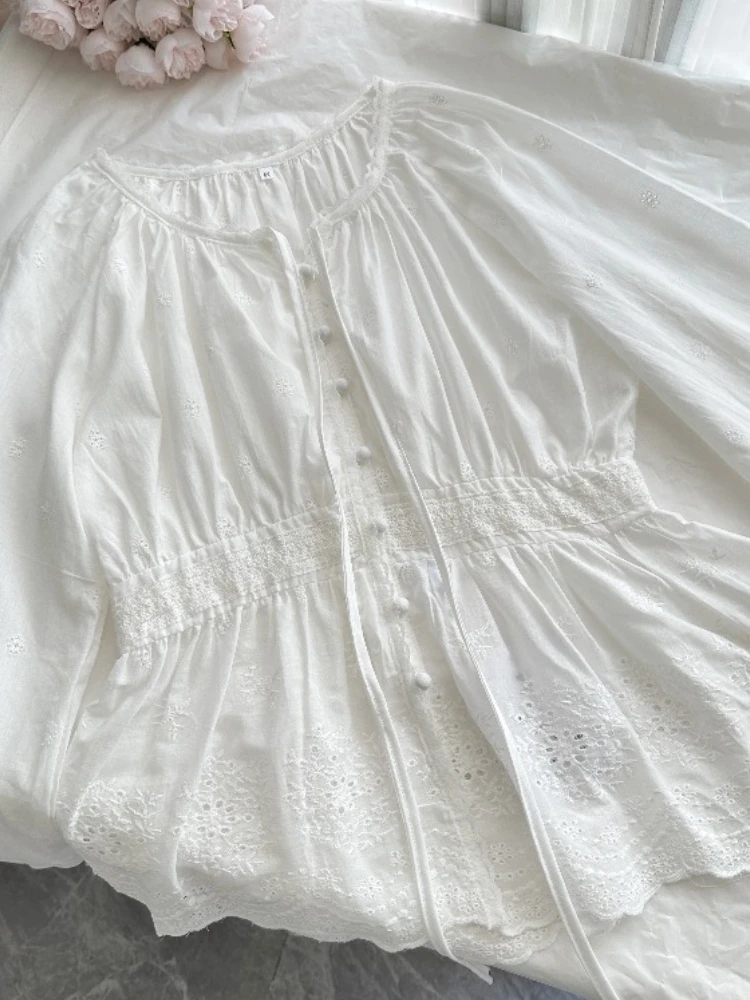 Otoño nuevo francés elegante dulce blusa de oficina mujeres cintura bordada ceñida con cuello en V camisas de manga larga con botones ajustadas Tops