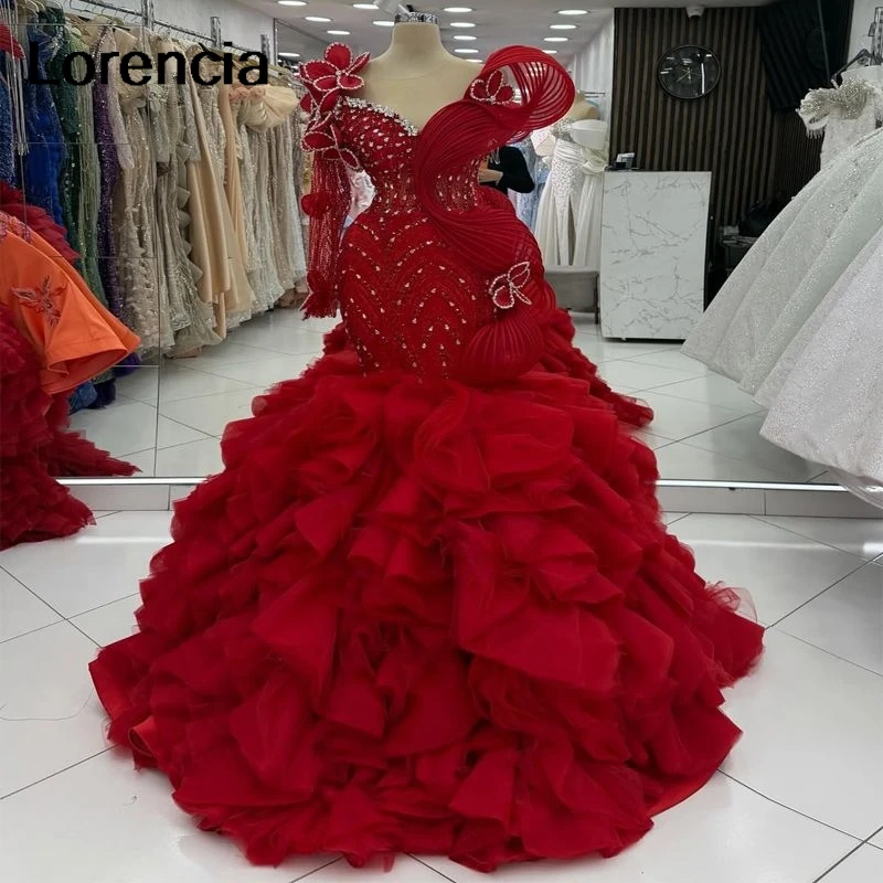 

Customized Aso Ebi Red Classic 2026 Mermaid Prom Dress Diamond Beaded Crystals African Evening Party Gown Robe De Sorrie YPD439