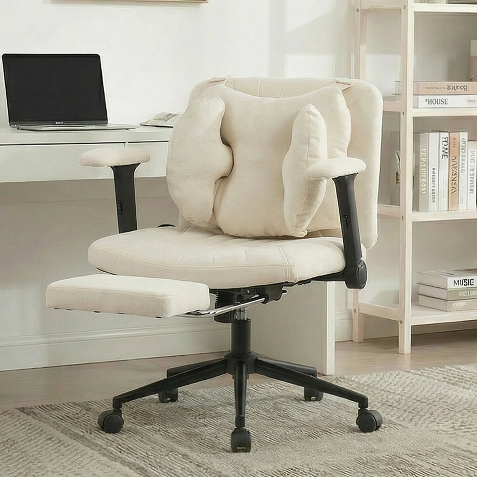 Chaise de bureau ergonomique avec roulettes, chaise de bureau en tissu avec accoudoirs pliables, support lombaire gonflable, siège large avec repose-pieds, chaise pivotante pour bureau à domicile