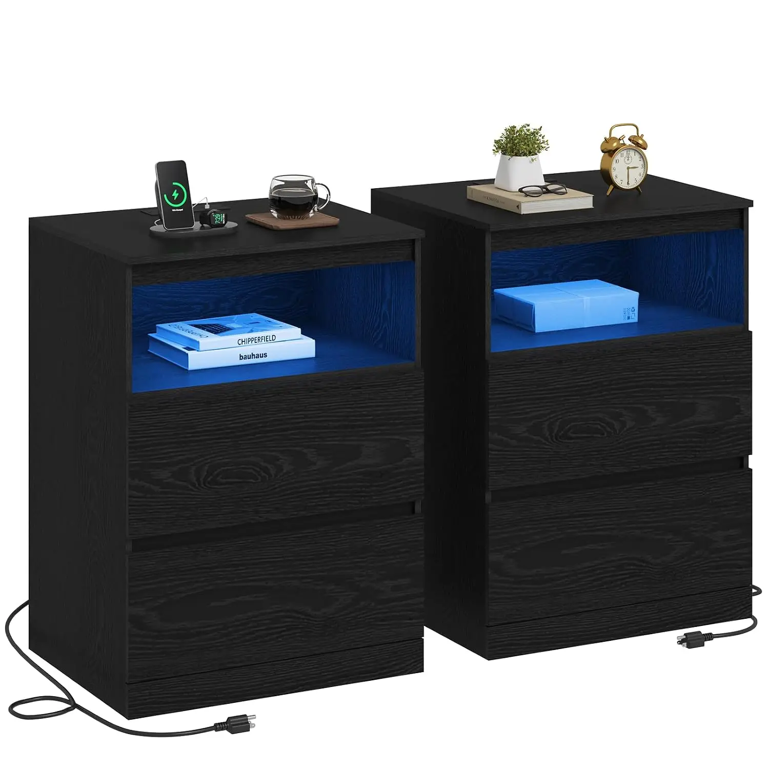 Nightstand Set of 2 with Charging Station & LED Light, Hidden Drawer Storage, Bedroom Bedside Table, 26"H Black, Customized