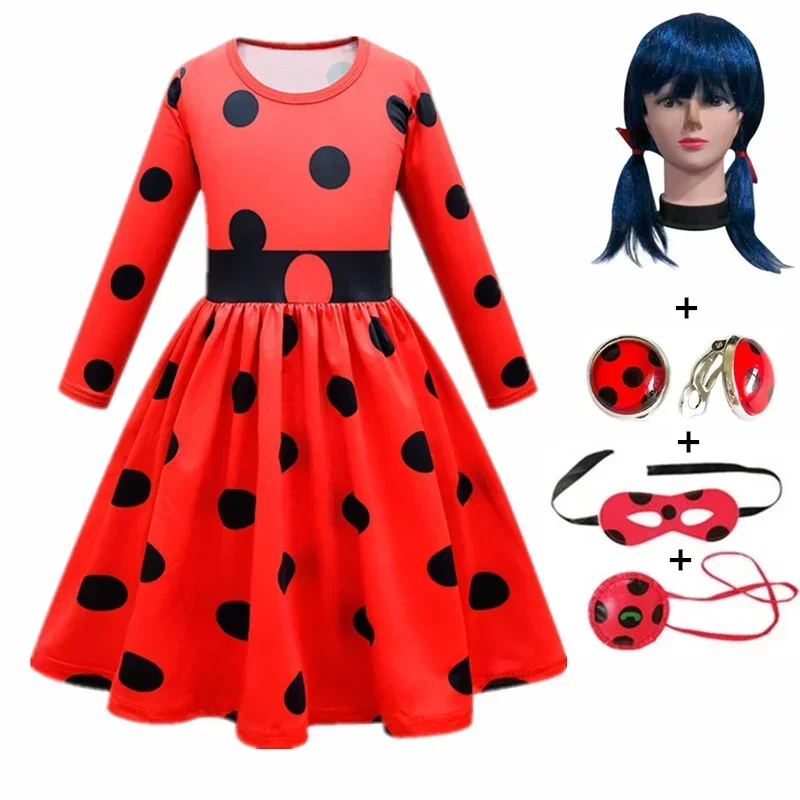 New Christmas Reddy Girl Little Beetle Cosplay Costume Mask Wig with Earrings Kids Halloween Fancy Costume Children Party Dress image 2