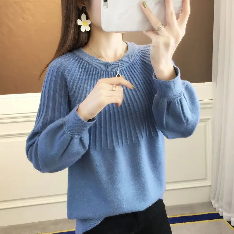 Autumn Winter Lantern Long Sleeve Round Neck Women\'s Clothing Solid Color Pullover Sweater Knitted Elegant Fashionable Tops