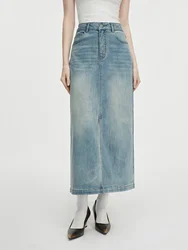 FSLE Women Denim Skirts High Waist Retro Denim Blue Long A-LINE Autumn Skirt Front Spilt Design Commuter Casual Skirt 24FS13264