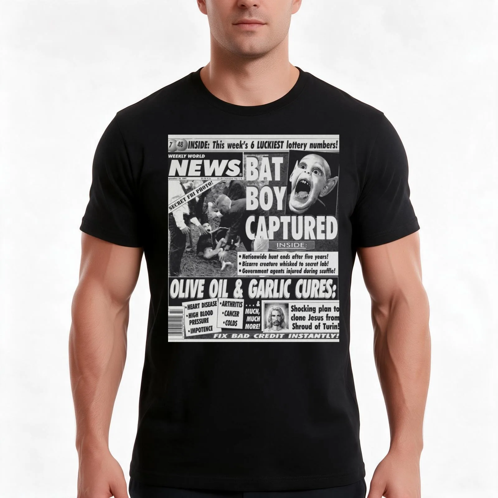 Bat boy captured bizarre odd strange enquire magazine article weekly news clone jesus T-Shirt Summer Casual Cotton Tee