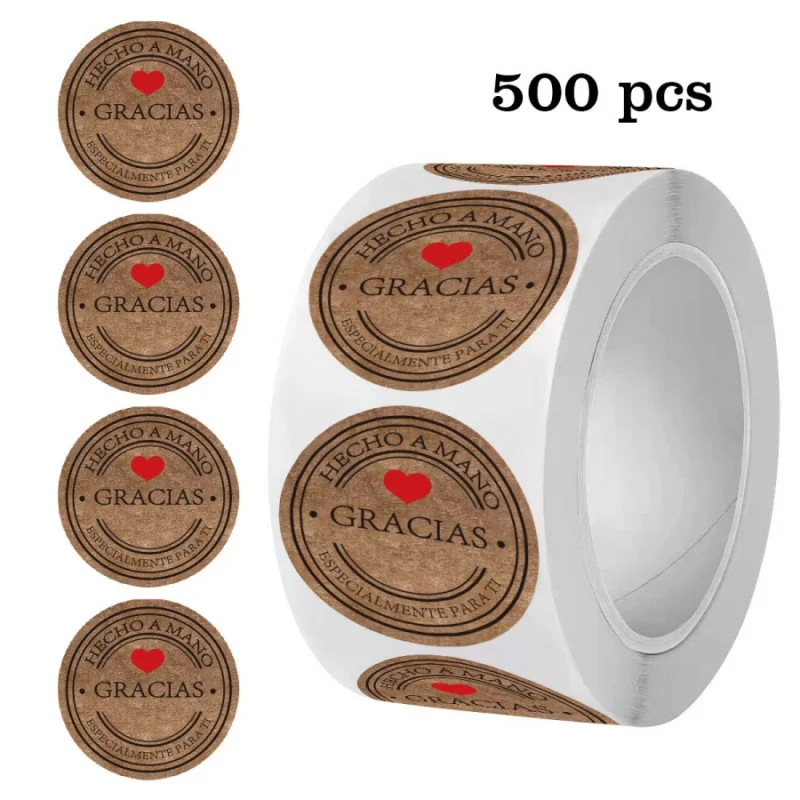 500pcs Spanish Thank You Stickers Holiday Baking Envelope Gift Packaging Sealing Decoration Stickers Round Kraft Paper Labels