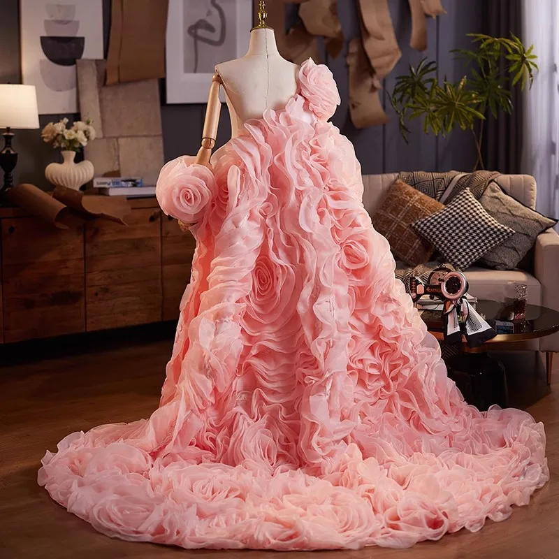 

Mingli Tengda Pink Organza Handmade Design Feeling Big Shawl Host Evening Dress Accessories Walking Show Costumes Flower Train