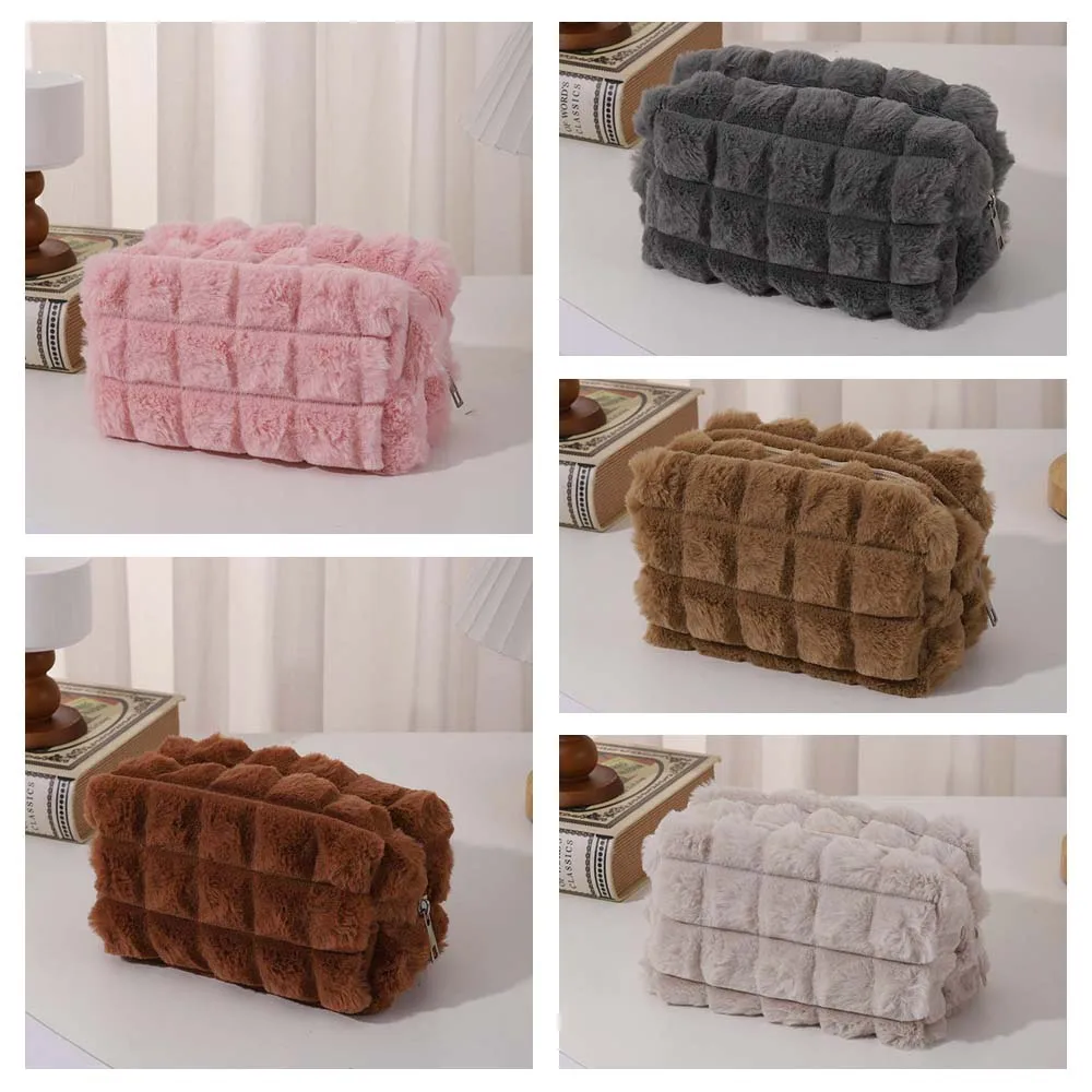 Solid Color Plush Pencil Case Stationery Organizer Large Capacity Stationery Bag Soft Plush Puff Plush Pen Bag Lady Girls