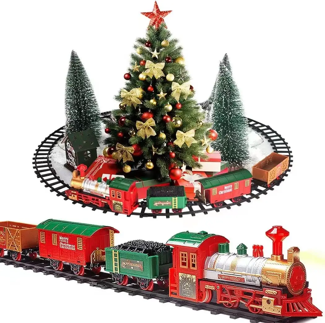 Classico set di treni natalizi: funzionamento a batteria con luci e suoni, binari ferroviari per decorazioni sotto l'albero e giochi per bambini