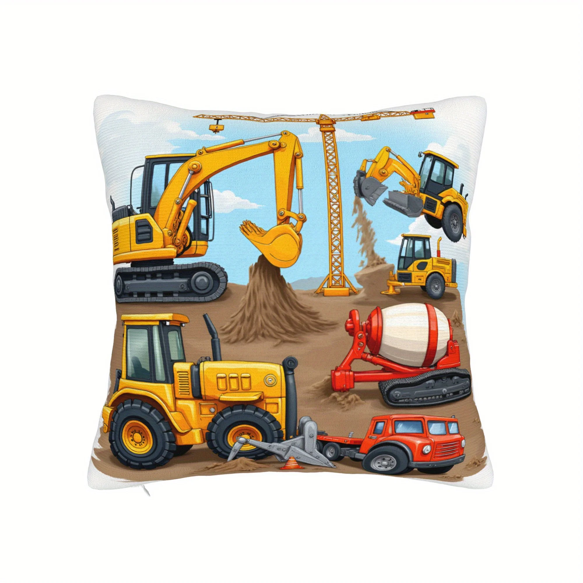 Construction Machinery Double-Sided Pillowcase, Excavator Bulldozer Crane Cushion Cover with Zipper, Washable Decor Case