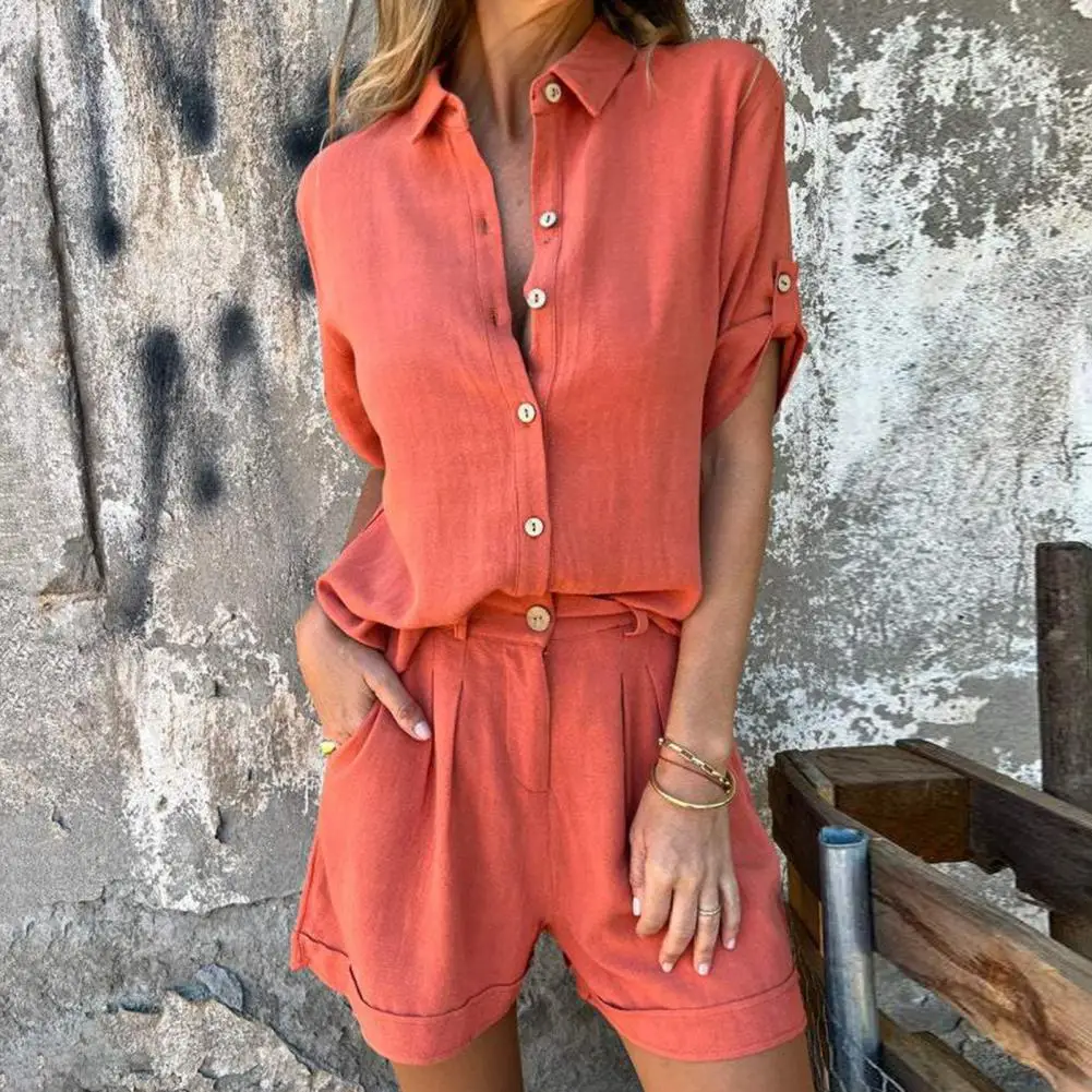 Women Loose Fit Pants Suit Stylish Commute Outfit Set with Short Sleeves Blouse High Waist Shorts 2 Pcs Shirt Pants for Women