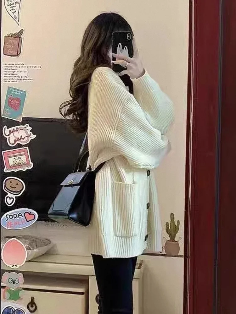 الخريف الشتاء المرأة عادية محبوك سترة V-Ne معطف لينة كسول فضفاض ملابس خارجية سترة مختلطة الألياف طويلة Sve الحرارية