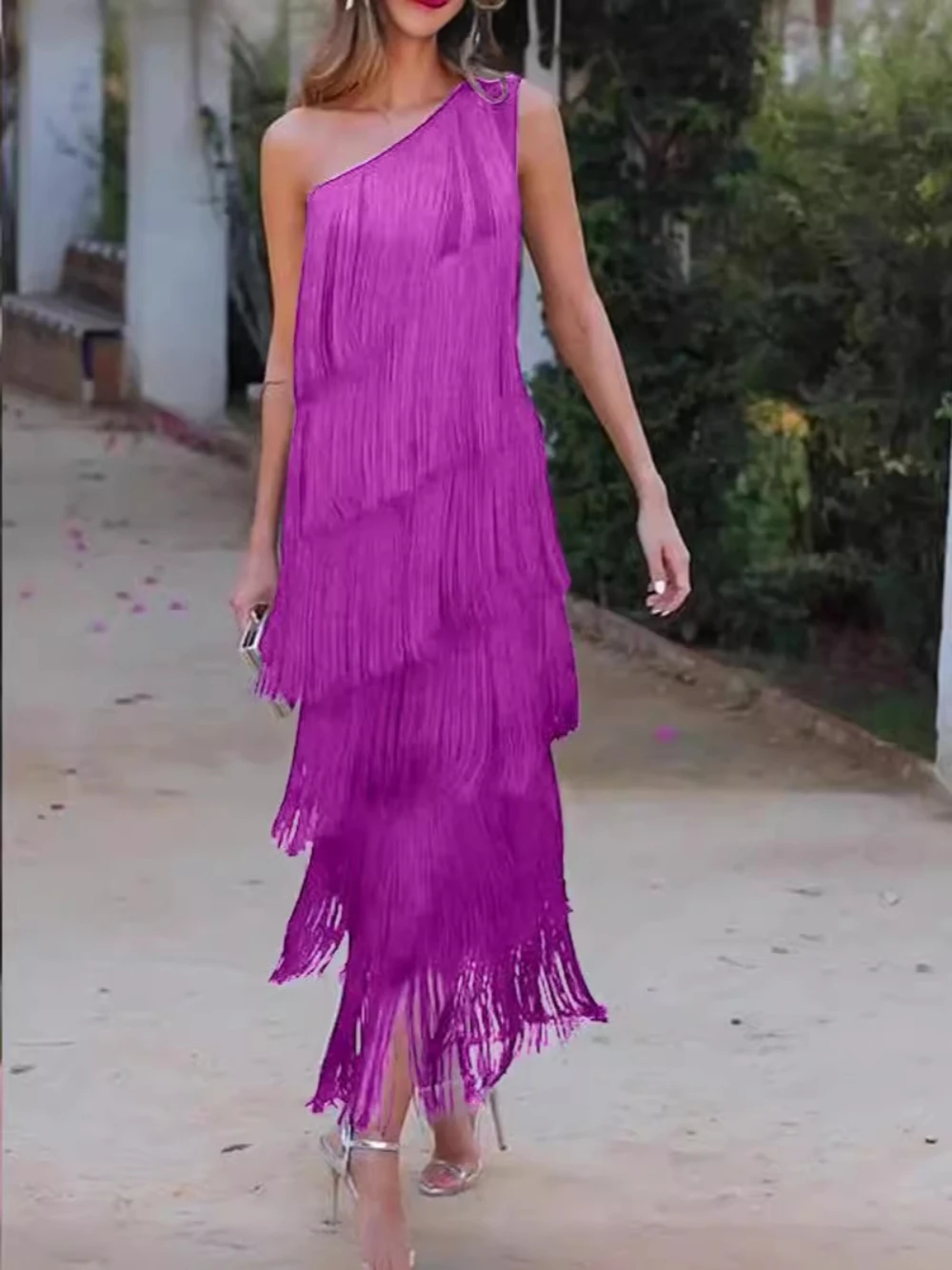 4-kleuren modieuze avondjurk met één schouder en kwastjes op voorraad A-lijn klassieke galajurk gelaagde elegante cocktail-vrijetijdskleding