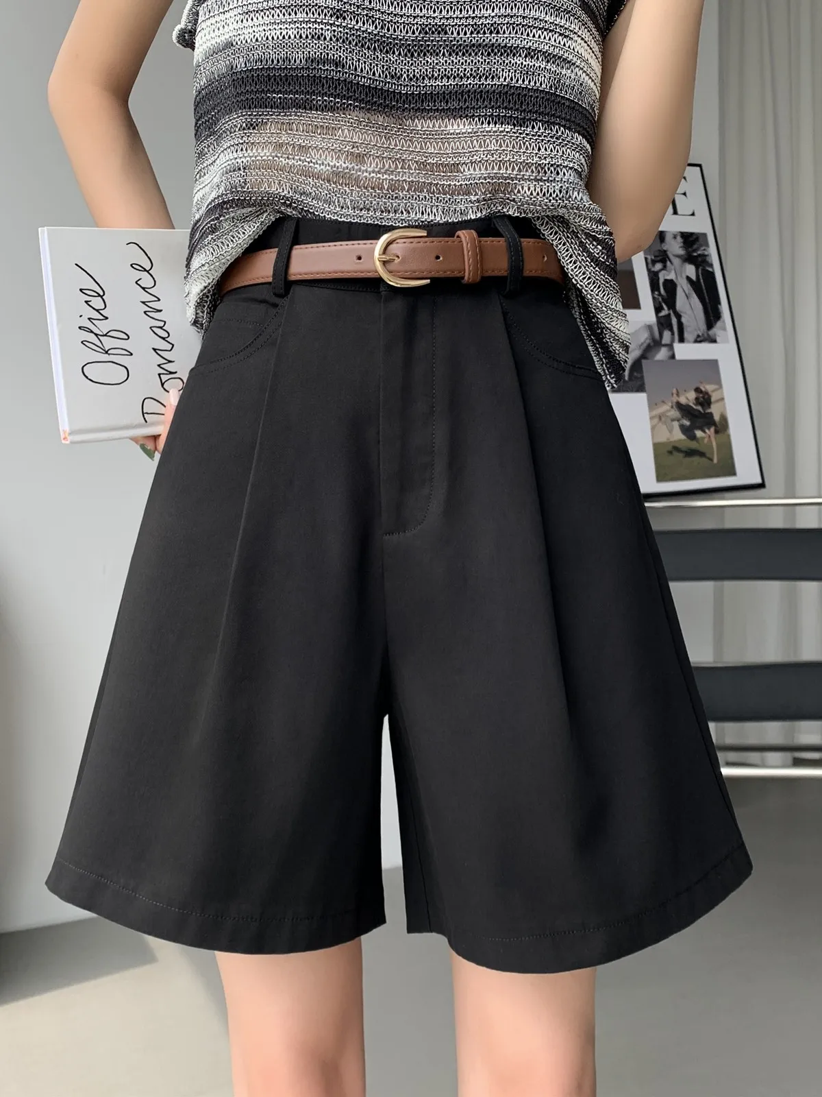 ZHISILAO New Knee Length Shorts Women with Belt Vintage Casual Cotton Linen High Waist Shorts Summer 2023