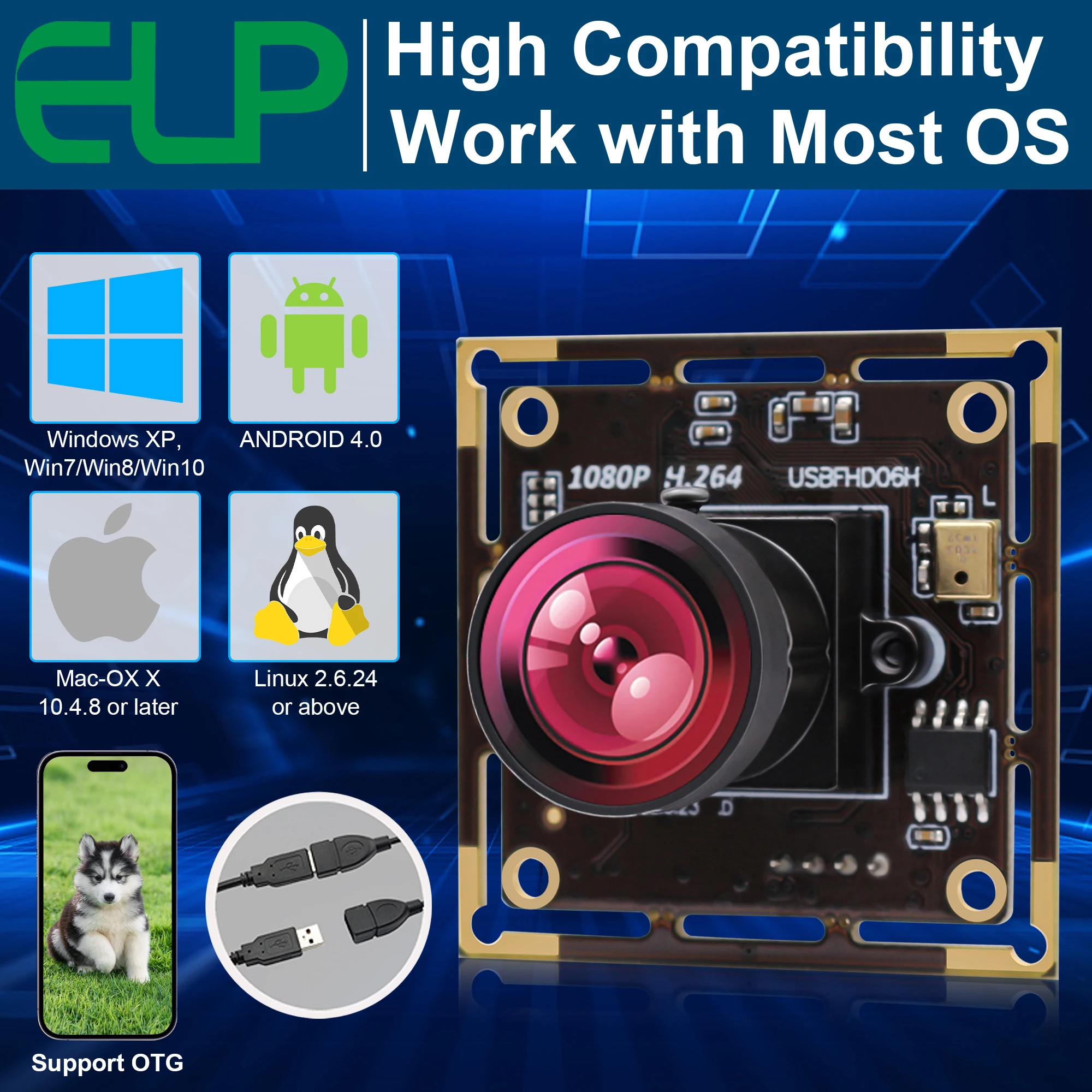 Módulo de cámara USB ELP de 2MP, poca luz 0.01Lux, H.264, ojo de pez gran angular, con micrófono, para sistemas industriales, PC Windows Mac