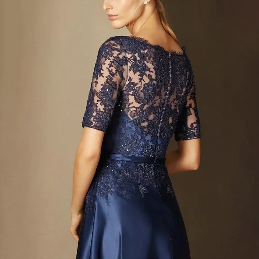 Vestido de noche Formal elegante azul marino oscuro sencillo, manga corta, escote redondo, encaje satinado, corte en A, largo hasta el suelo, vestido de fiesta de graduación
