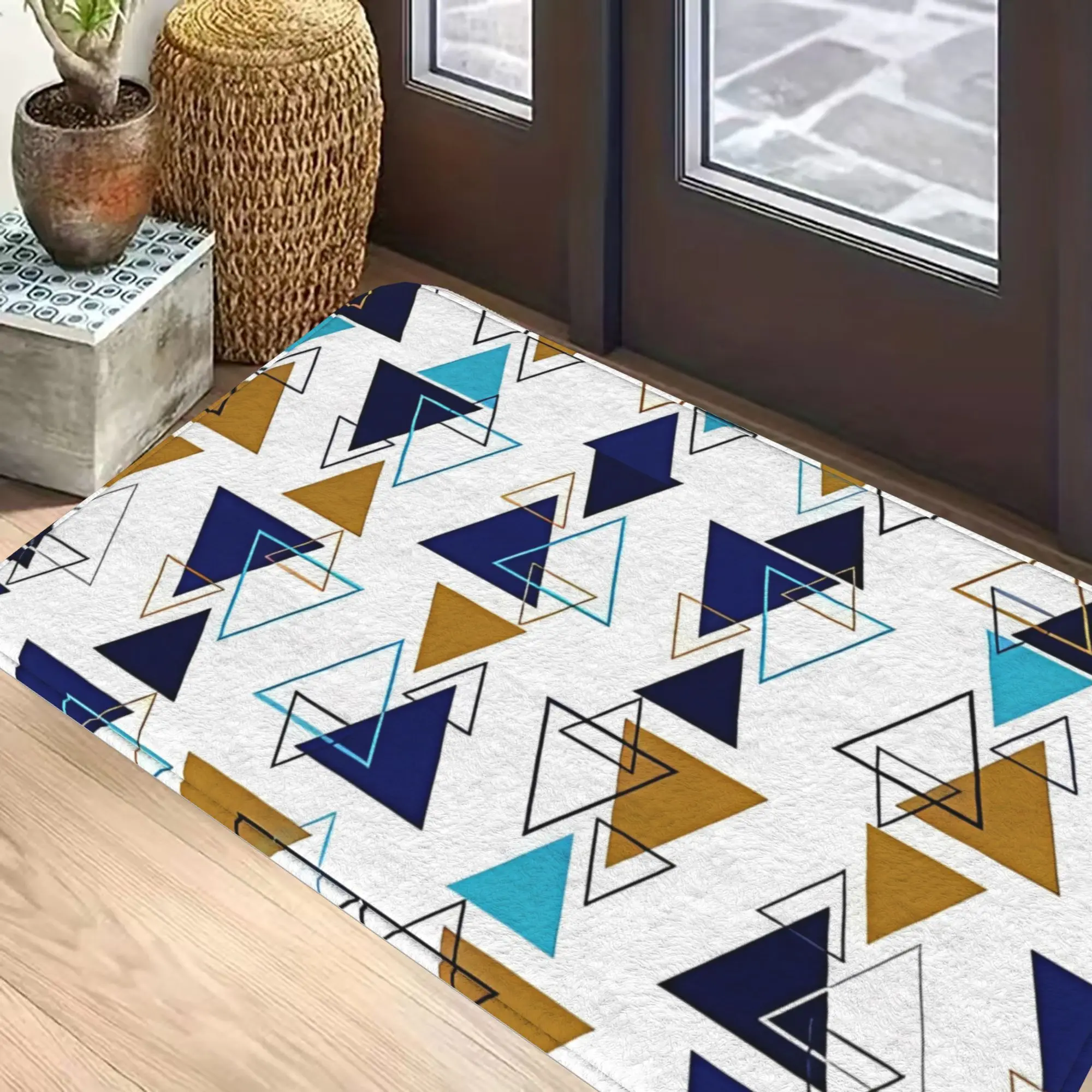 Blue Gold Brown Triangle Geometric Print Doormat Printed Polyester Machine Washable Entrance Floor Mat 80x50cm