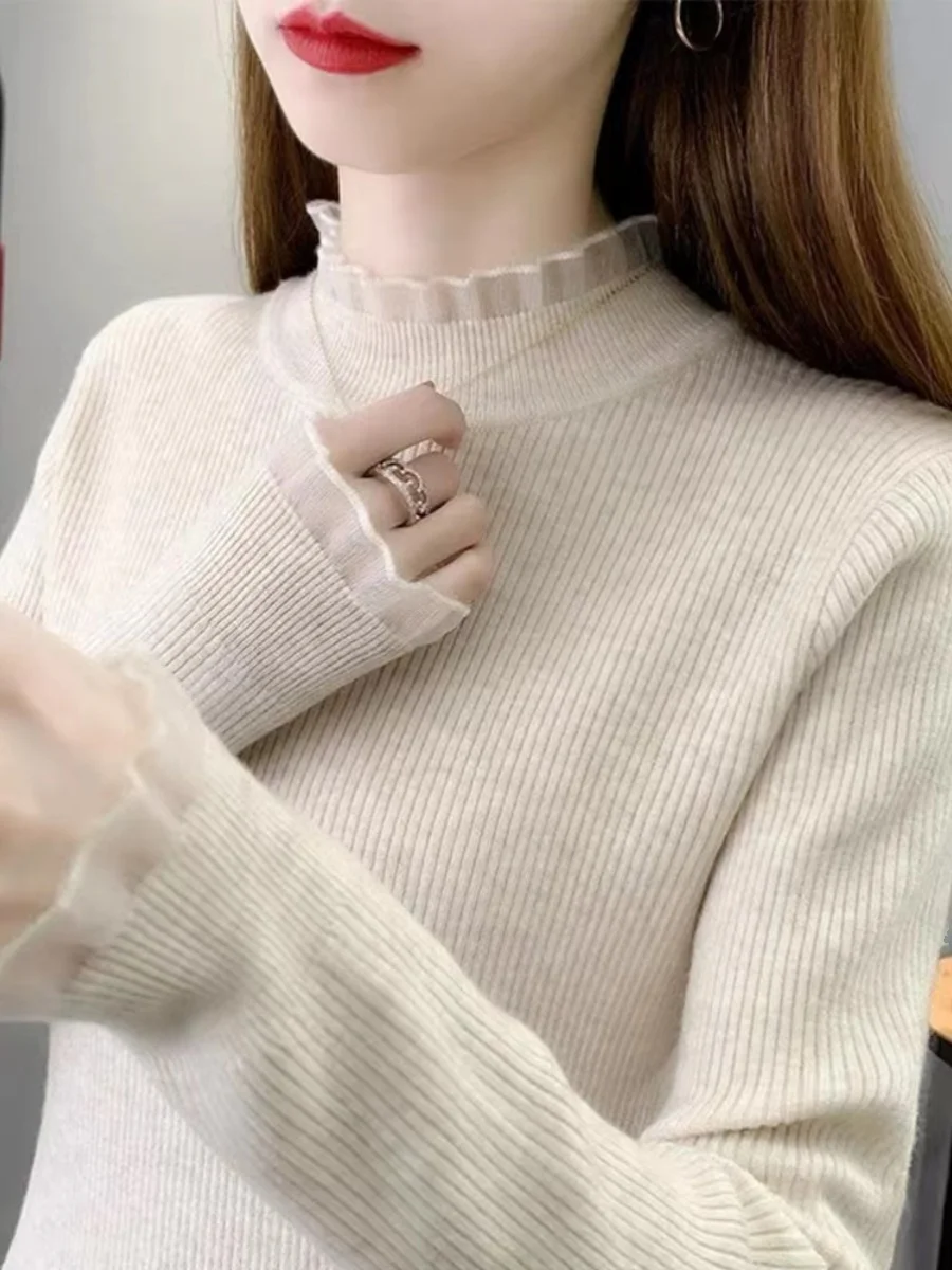 

Women's Lace Knitted Sweater Base Layer f High Collar Long Sve round Ne Regular Thin Autumn Winter Commute Sle