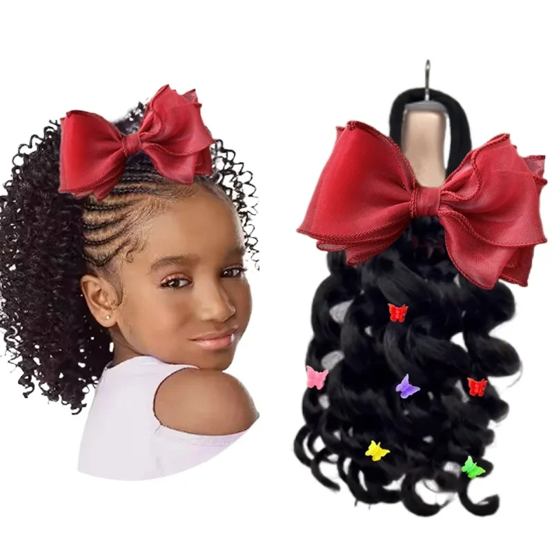 カネカロン-黒人の女の子のためのポニーテールヘアエクステンション,巻き毛のような人間の髪の毛,波状のプライベートラベル,10の根,2個