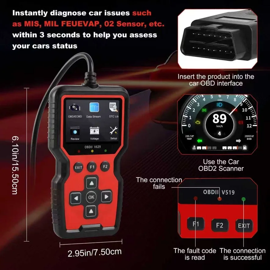 V629 OBD-II Car Fault Code Reader, 12V Gasoline Vehicle Scanner for DIY & Repair Shop, Read & Clear Engine Trouble Codes, View Live Data