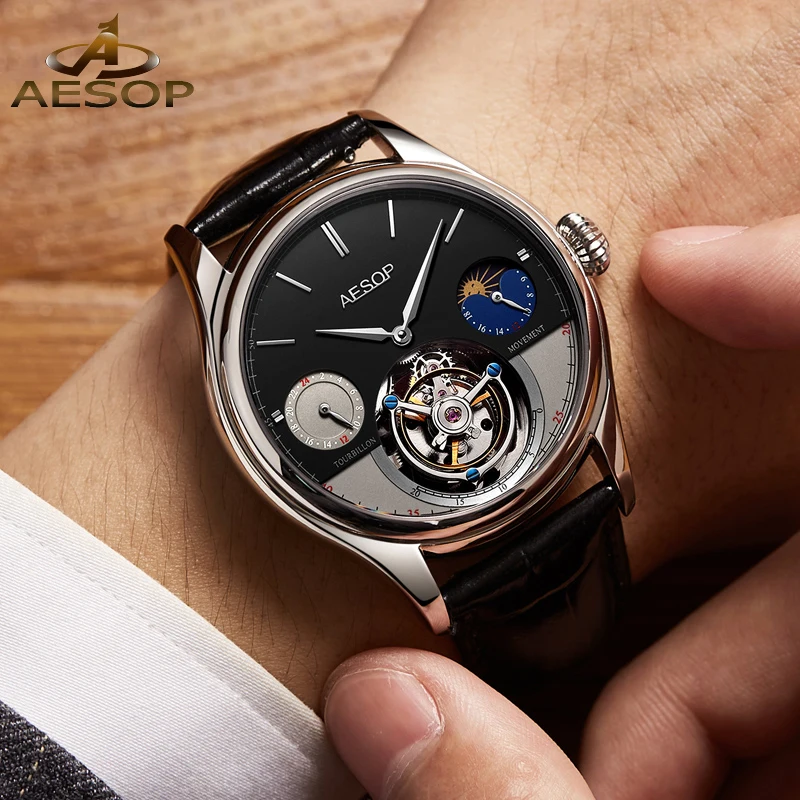 Aesop masculino real tourbillon esqueleto automático movimento auto-vento relógio de pulso luxo cristal safira casual fase da lua mecânica