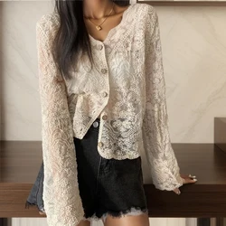 HELIAR Women Lace Hollow Transparent T-shirts Buttons Up Cardigan Top Flare Sleeve Tee V-Neck Ruffles Sweet Shirt Spring Summer