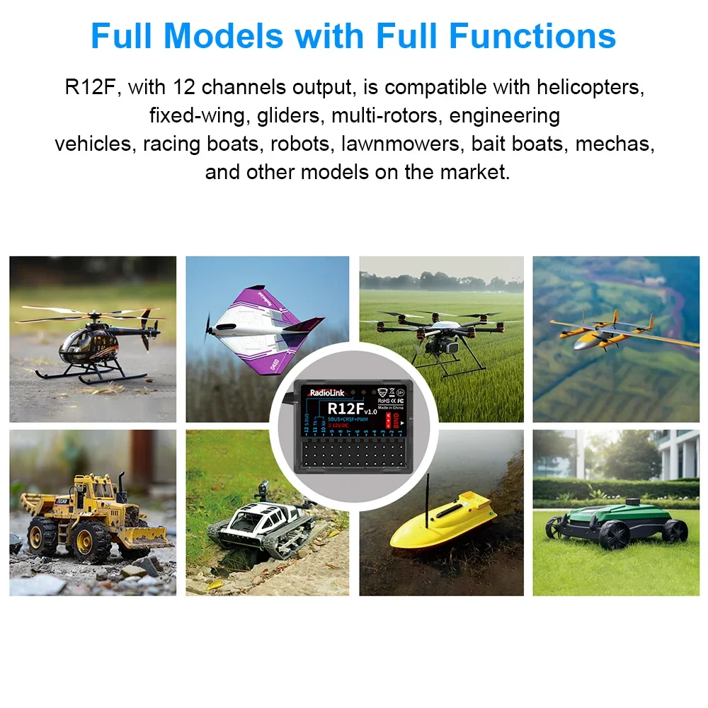 Radiolink R12F 12 Channels Receiver Signal-supported PWM, SBUS, and CRSF for All Radiolink T Series Aircraft Transmitters