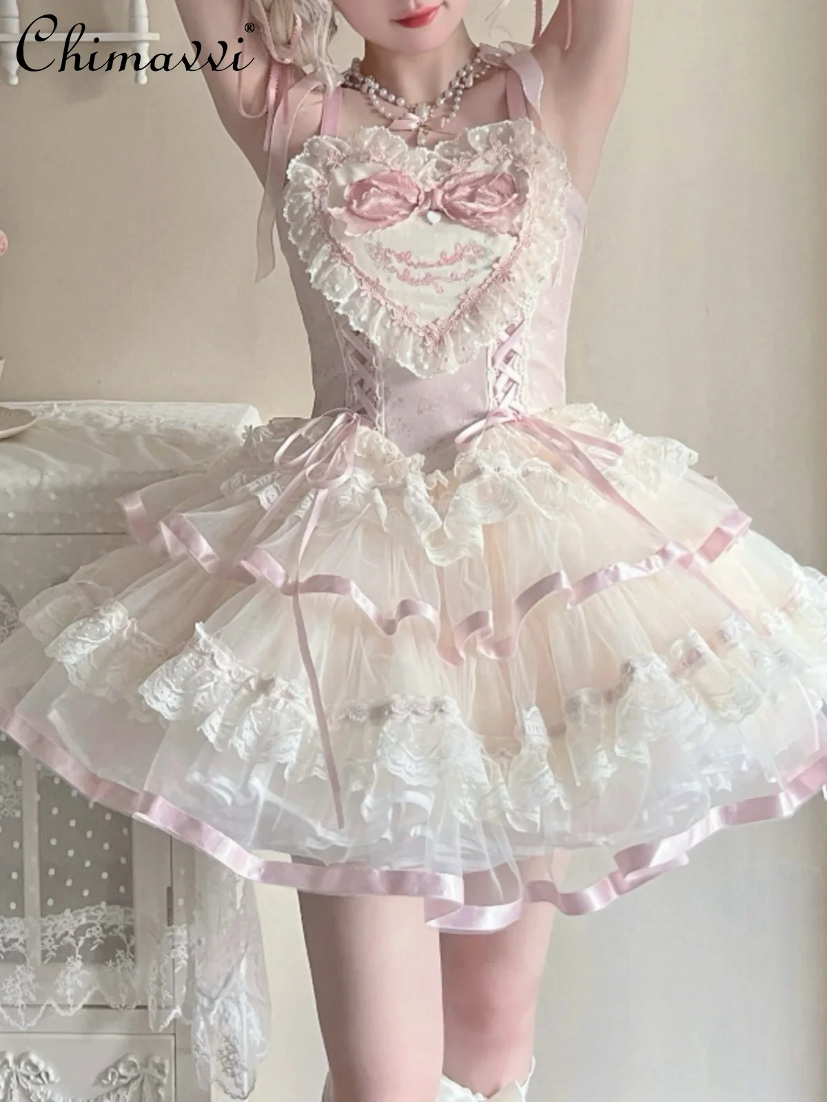 

Silk Satin Lolita Girly Style JSK Suspender Dress Women Sweet Cute Ballet Style Princess High Waist Slimming Above Knee Dress