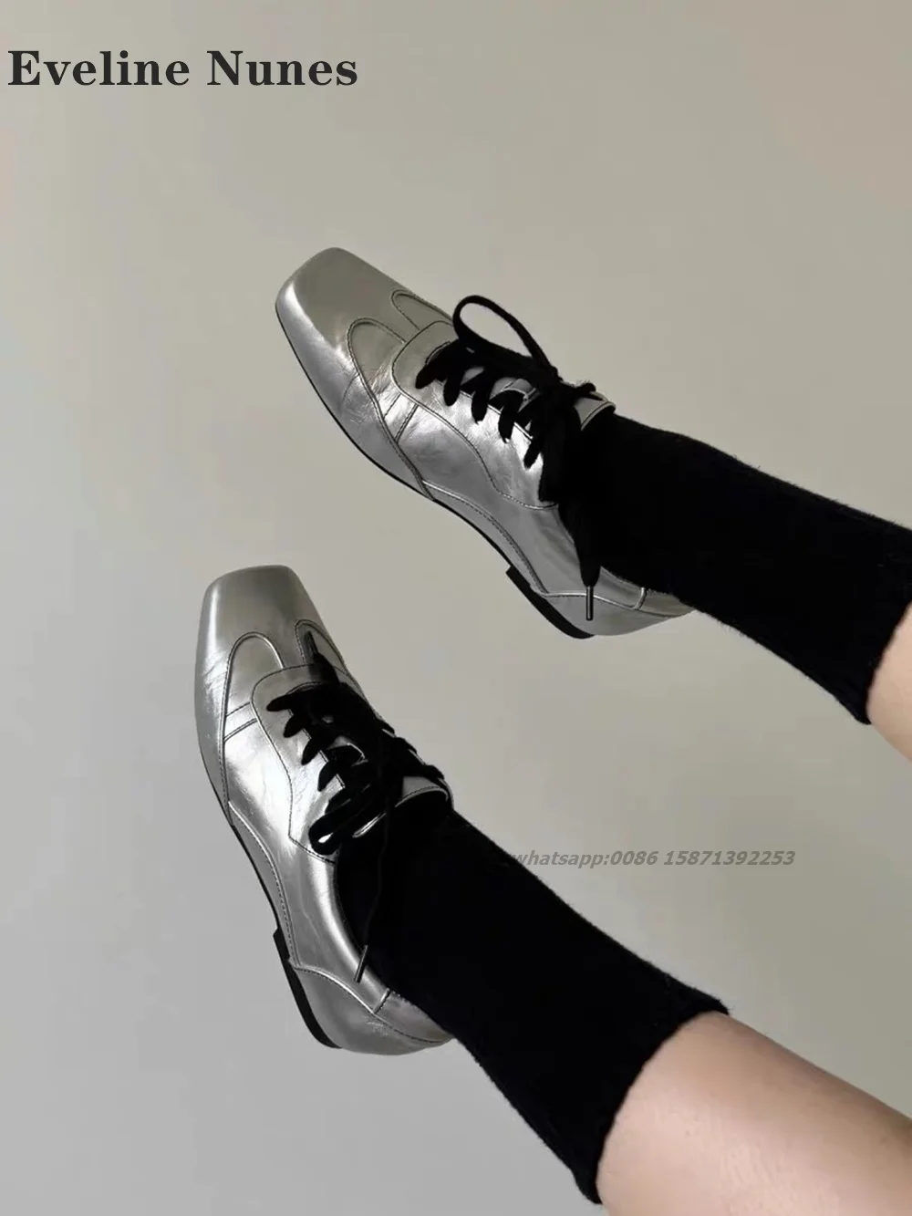 

Cross Tied Shallow Silvery Pumps Square Toe Flat with Patchwork Retro Ballet Shoes Casual Elegant Shoes Woman 2024 Trend Spring